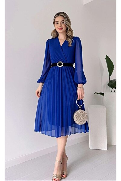 GDS BUTİK Eteği Piliseli Midi Boy Şifon Elbise