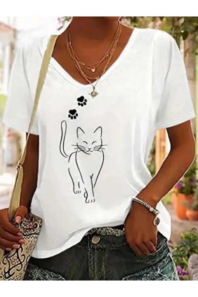 MELADYAN Kadın Kedi Ve Pati Baskılı V yaka Oversize T-SHİRT
