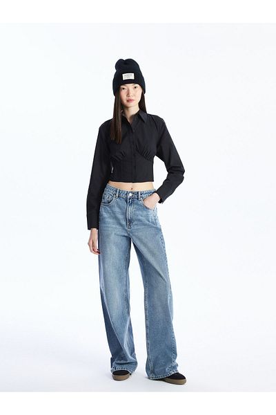 LC Waikiki Poplin Fabric - Plain Long Sleeve Crop Women's Shirt
