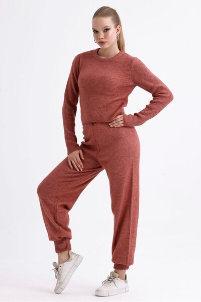 MD trend High Waist Women's Knitwear Sweater and Elastic Trousers - Crop Set