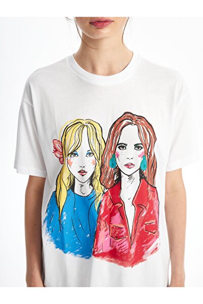 LC Waikiki Damen - Bedrucktes T-Shirt mit Rundhalsausschnitt und kurzen Ärmeln