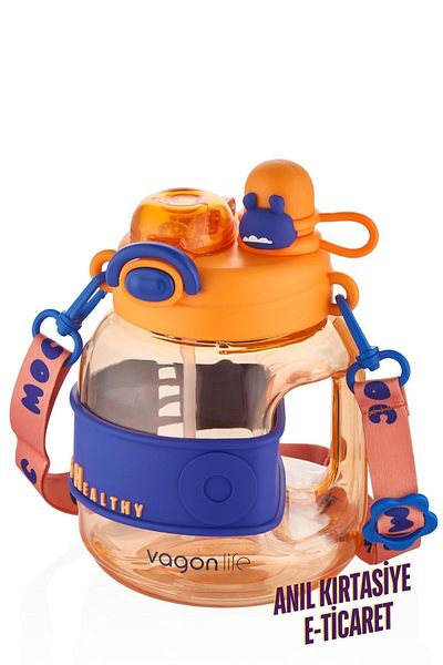 Vagonlife 1000 ml Comfortable Children's Water Bottle with Neck Strap and Straw - Single Lid Dual Use