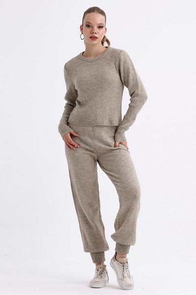 MD trend High Waist Women's Knitwear Pants and Crop Sweater Set - Lace-Up and Waist Elastic