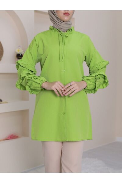 HİJABAYA Lace-Up Collar and Layered Sleeve Ruffle Tunic