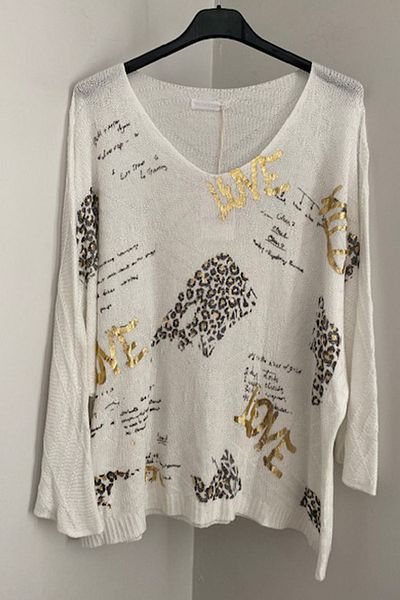 AYASOFYA OTANTIK White V-Neck Printed - Detailed Three-Quarter Sleeve Women's Knitwear Blouse Sweater