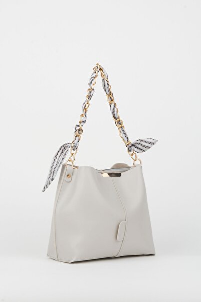 Vivaq Women's Peacock Scarf Light Gray Chain Accessory Soft Leather 3 Compartment Handbag and Shoulder Bag