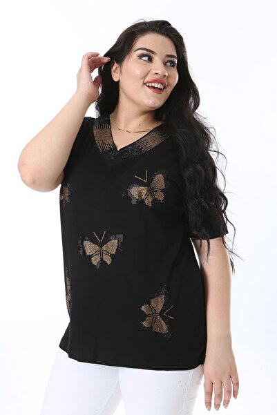 Şans Black Butterfly Figured Plus Size Blouse with V-neck - 65n38233 with Stone Detail
