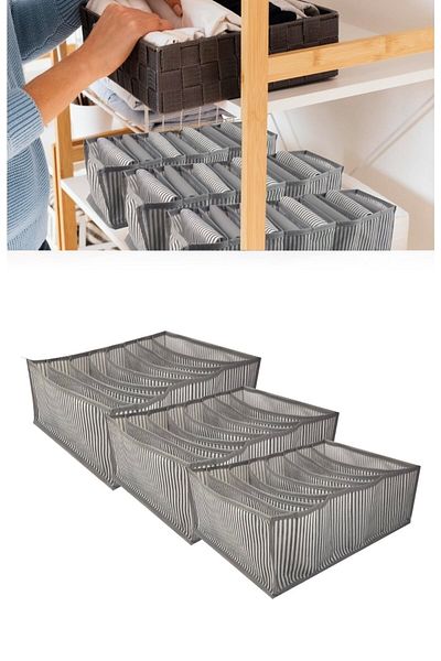 Textile sweet 3 Pieces 8 Compartments Gray Striped Drawer Organizer 30x39x14