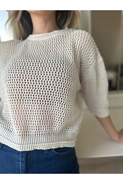 MaSoMi Krem Triko Ajurlu Delikli Kazak