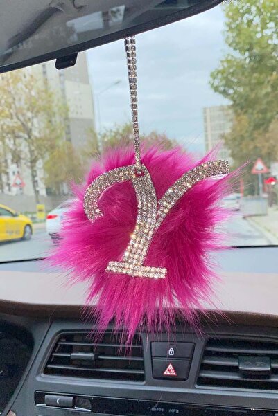 Arabasına Aşıklar Kulubü i Taşlı Dikiz Ayna Kolye Aksesuarı Pembe Tüylü Y Harfli