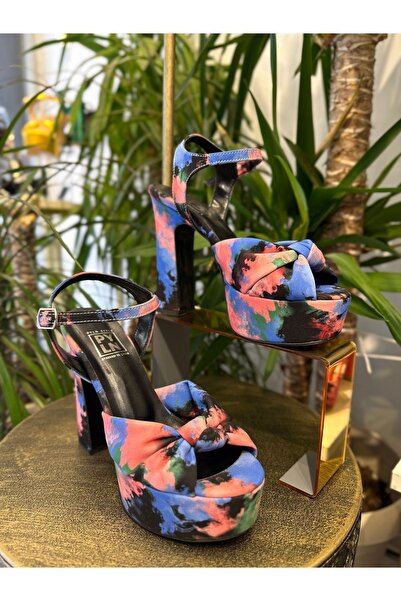 PYLNSTYLE MAVİ BATİK PLATFORM TOPUK KADIN SATEN AYAKKABI