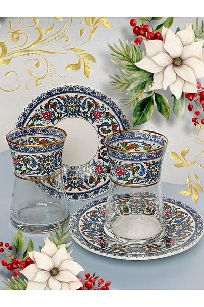 SAMSA 2 Porcelain Plates and 2 Glass Cups - Personality Set with Gold Saddlebag and Herbal Tile Motif