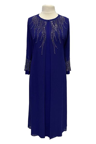 HESNA Saks Blue Alya Plus Size Κομψό Βραδινό Φόρεμα Μητέρας με Κεντητό Πέτρα