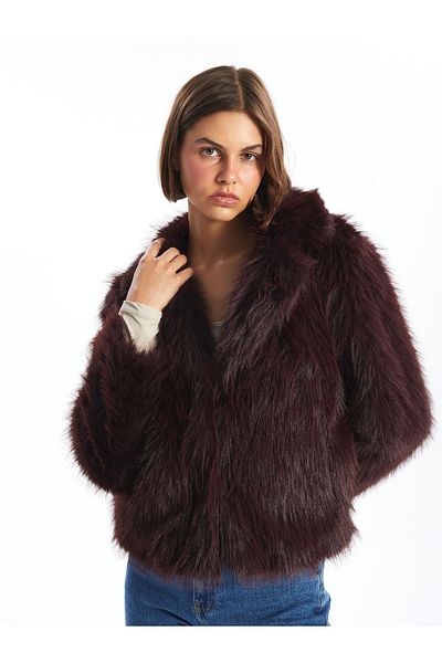 LC Waikiki LCW Vision Claret Red Jacket Collar Damen-Plüschmantel