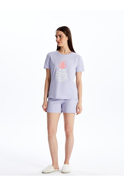 LC Waikiki Dámské pyžamo s krátkým rukávem a šortkami s potiskem Crew Neck