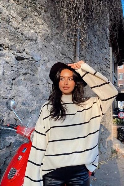 Lady MORE Pulover de damă oversize cu dungi pe jumătate cu gât țesut, pulover cu dungi, pulover de damă