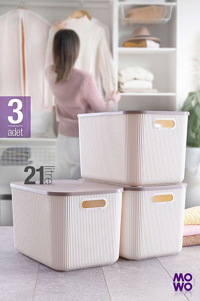 Mowo Home Trove White 21 Lt - Декоративна кутия за съхранение, бежов капак и многофункционален органайзер за шкаф