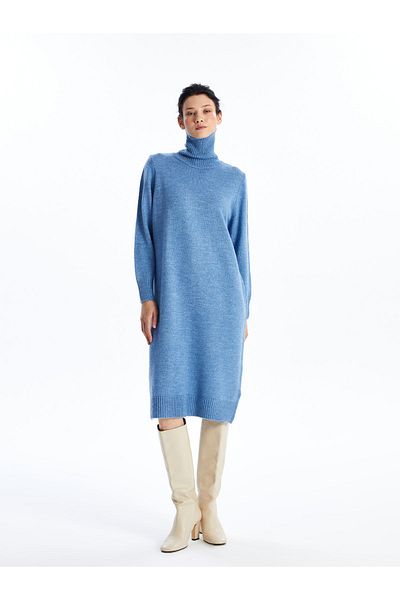 LC Waikiki Gerades, langärmliges, übergroßes Damen-Strickkleid mit Rollkragen
