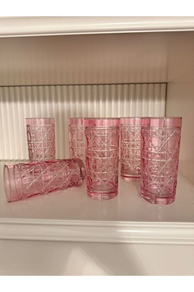 dekorasyon garajı %100 El Yapımı Kristal Meşrubat Bardağı 6’lı Set – Pembe Hasır Desen | Şık Sunumlar İçin