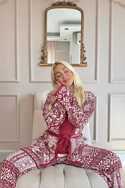 Pijamaevi Etnikai mintás bordó női pizsama és pongyola szett