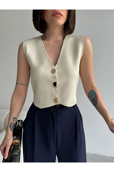 Lusin Women's Kerem V-Neck Stylish Button Detailed Summer Fabric Knitwear Vest