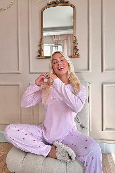 Pijamaevi Set de pijamale de damă cu model liliac termic „I Love W”.