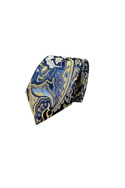 VENCHY ربطة عنق بنمط ذهبي أزرق داكن 7708-1k