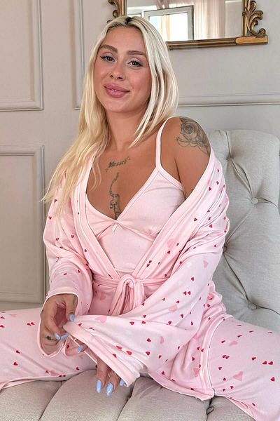 Pijamaevi Thermal Pajamas and Dressing Gown Set - Pink Heart Pattern