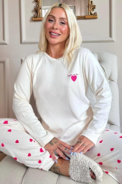 Pijamaevi Thermal Patterned White Love Women's Pajama Set