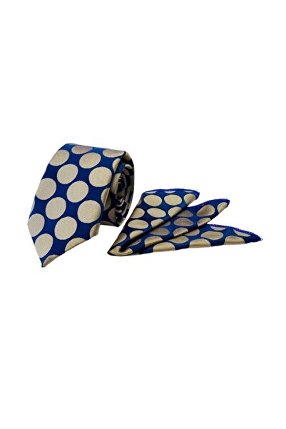 VENCHY ربطة عنق منديل بنمط منقط باللون الأزرق الداكن والذهبي 4214-9mk