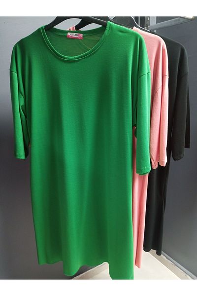 AKŞEN GİYİM Plus Size 90cm Slit Cotton Viscose ComBed Cotton Tunic / Dress / Underwear - Short Sleeve