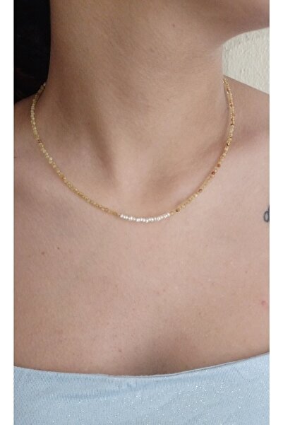 Mudita Tasarım 2 Mm Faset Kesim Gerçek Doğal Sitrin Taşı Ve Gerçek Tatlı Su Kum Inci Tasarım Kolye