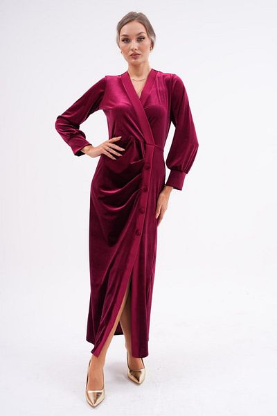 AYASOFYA OTANTIK Burgundy Velvet Dress - Button Detailed