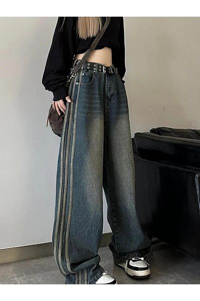 Köstebek Ρετρό vintage στυλ Navy Blue Stoned ριγέ φαρδύ τζιν
