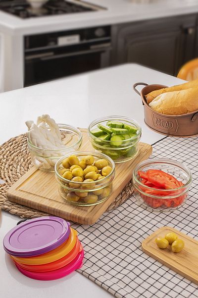 Paşabahçe Zuri 4-Piece Colorful Glass Bowl with Lid - Breakfast Jam Snack Bowl, 400cc Storage Bowl