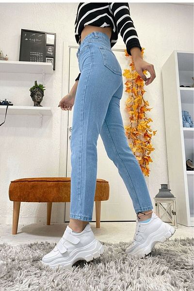 DRC trend Blugi din denim cu talie înaltă Loa albastru deschis Mom Lycra