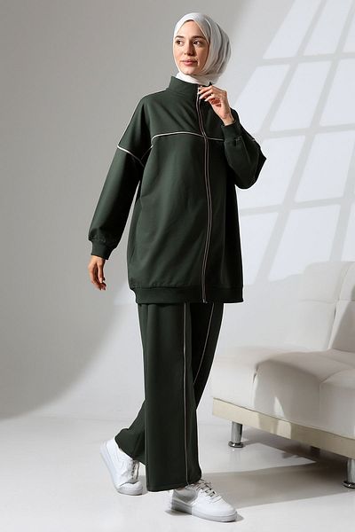 Mihran Butik Γυναικείο Αθλητικό Σετ Χακί Πράσινο - Εποχικό Σετ Βαμβακερό Χτενό Πάτο και Τοπ