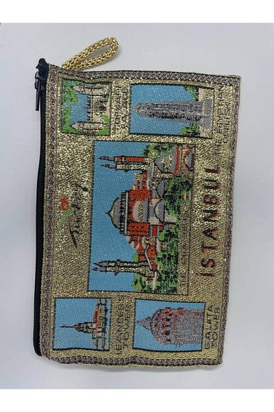 GALATA GIFT Portofel de damă cu model tradițional, icoane din Istanbul imprimate aurit, cu fermoar, 16x10cm