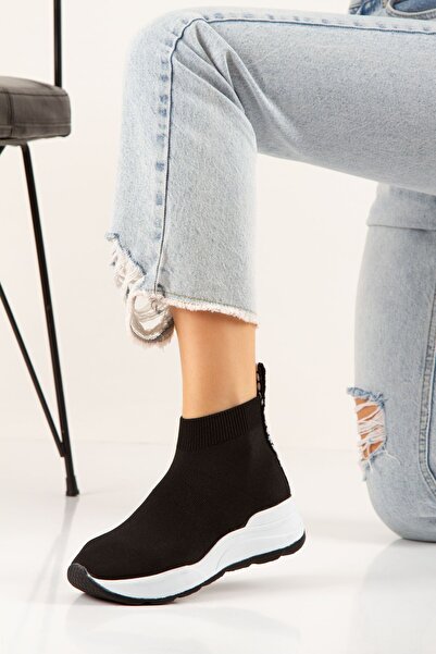 La Scada Kadın Siyah-beyaz Triko Sneaker Çorap Bot Ayakkabı