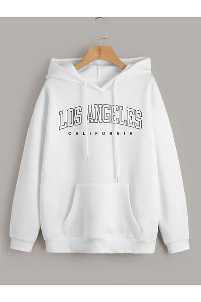 Altamira Unisex White Los Angeles Printed Oversize Hooded Sweatshirt