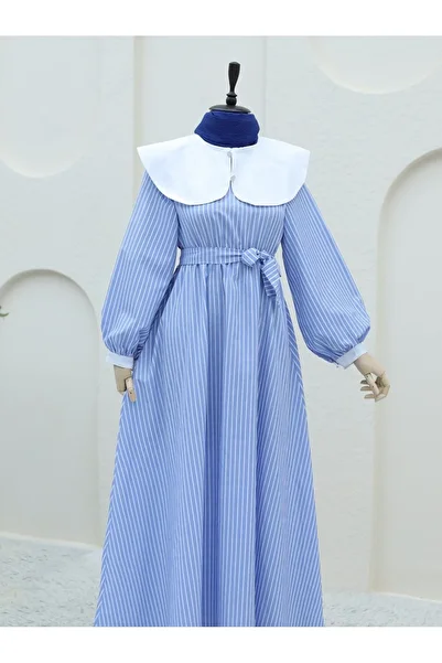 HİJABAYA Striped Baby Collar Long Dress - Elastic Waist