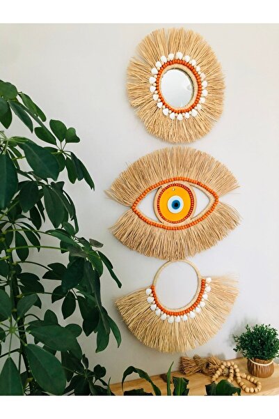 Hasirdukkanii Rafya Ayna Nazar Göz Yelpaze Duvar Panosu Üçlü Duvar Seti