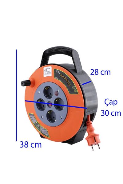 Badem10 Plastik Mini Kutulu 4 Priz TTR Kablo 10 Metre Makaralı Seyyar 3x1.5 mm CCA Monofaze Uzatma Kablosu