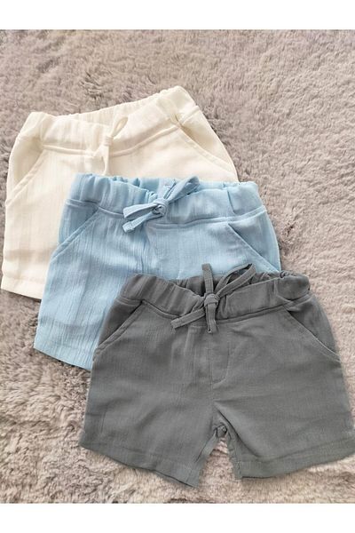 Butik طقم حفاضات من القطن للرجال مكون من 3 قطع - رمادي، أزرق، إكرو شورت للأطفال والرضع مع جيوب بخصر مطاطي