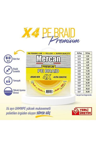 Mercan Yellow Color Premium X4 Pe Reel Fishing Line - Rope 300m