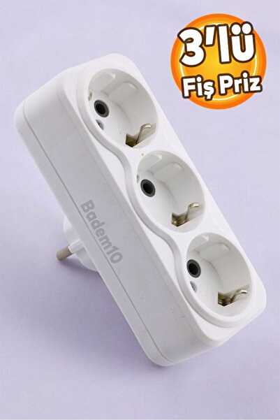 Badem10 3'lü Fiş Priz Kablosuz Topraklı Çoklu Grup Priz Çoğaltıcı Üçlü Golyat Elektrik Pirizi