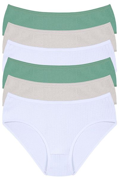 Humaone 100% Cotton, High Waist, Ribbed, 6-Piece Women's Panties 2 Green, 2 Stones, 2 White