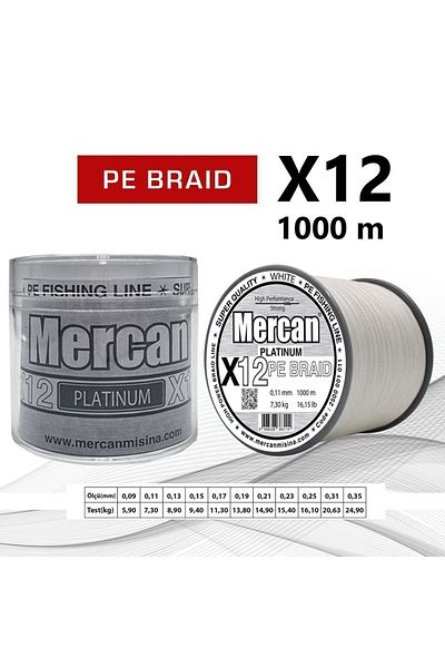 Mercan Pe Knitted Platinum X12 White Rope 1000m Reel Fishing Line