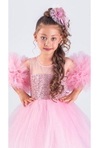 Little Pumpkin Pompom Sleeve Sequined Tutu Girl's Evening Dress