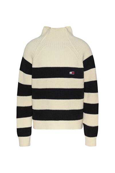 Tommy Hilfiger Kadın TJW STRIPE MOCKNCK BADGE Kazak-Beyaz